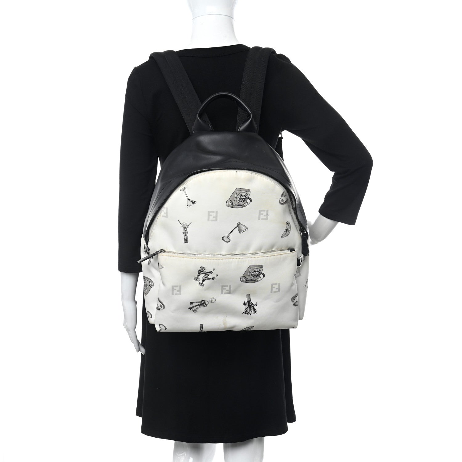 Fendi Nylon Calfskin Print Backpack Black White 2 of 13