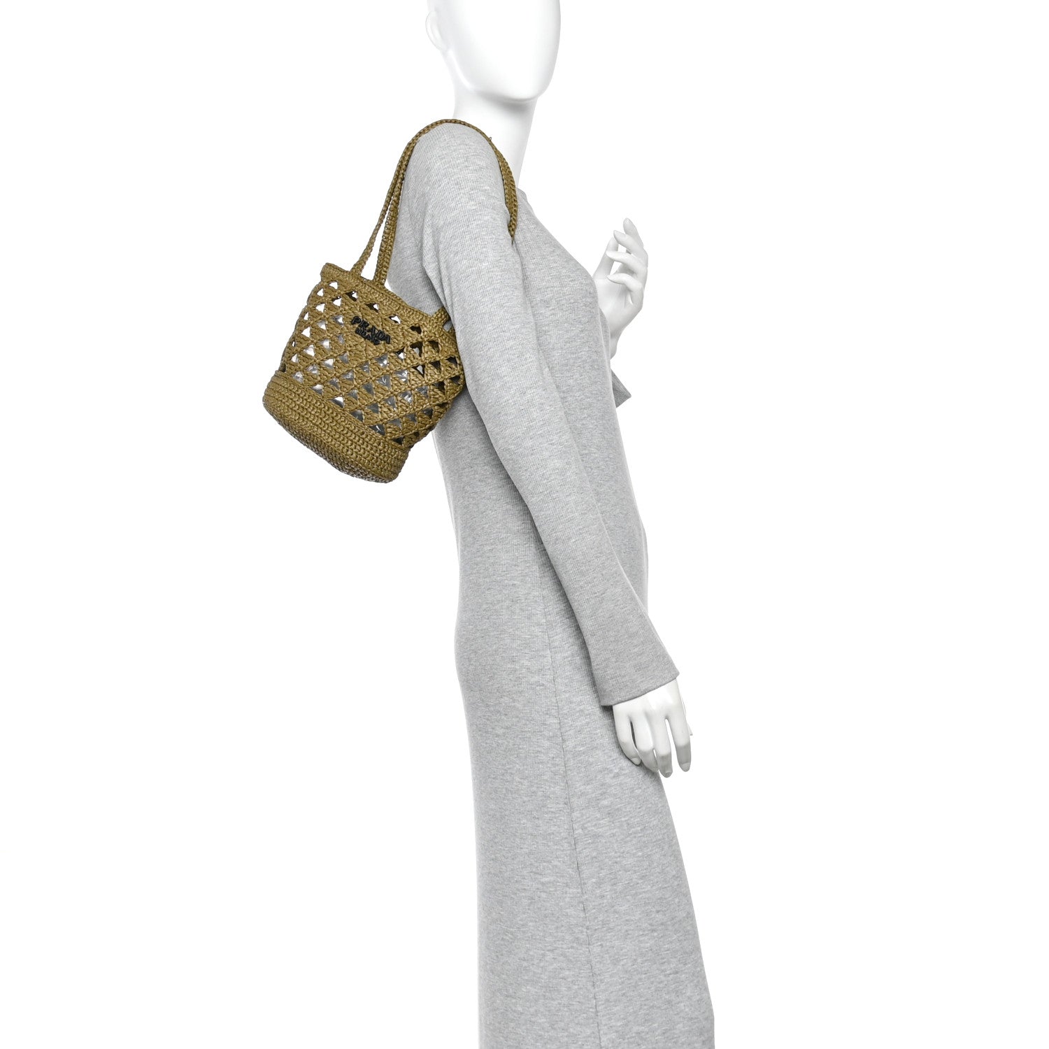 Prada Yarn Raffia Effect Crochet Embroidered Mini Logo Tote Oliva 2 of 10