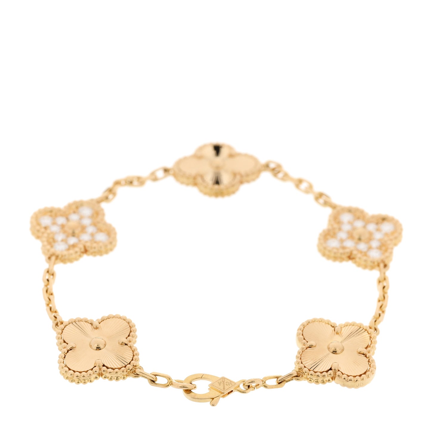 18K Yellow Gold Diamond 5 Motifs Guilloche Vintage Alhambra Bracelet