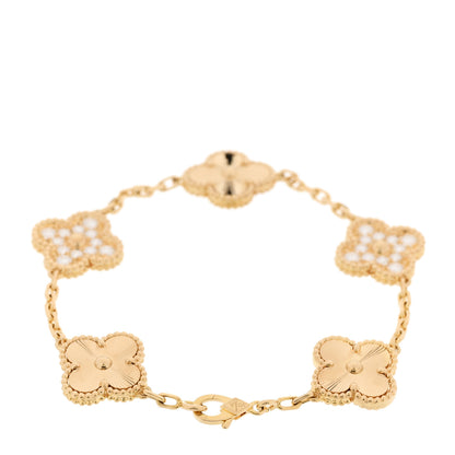 Van Cleef & Arpels 18K Yellow Gold Diamond 5 Motifs Guilloche Vintage Alhambra Bracelet 2 of 5