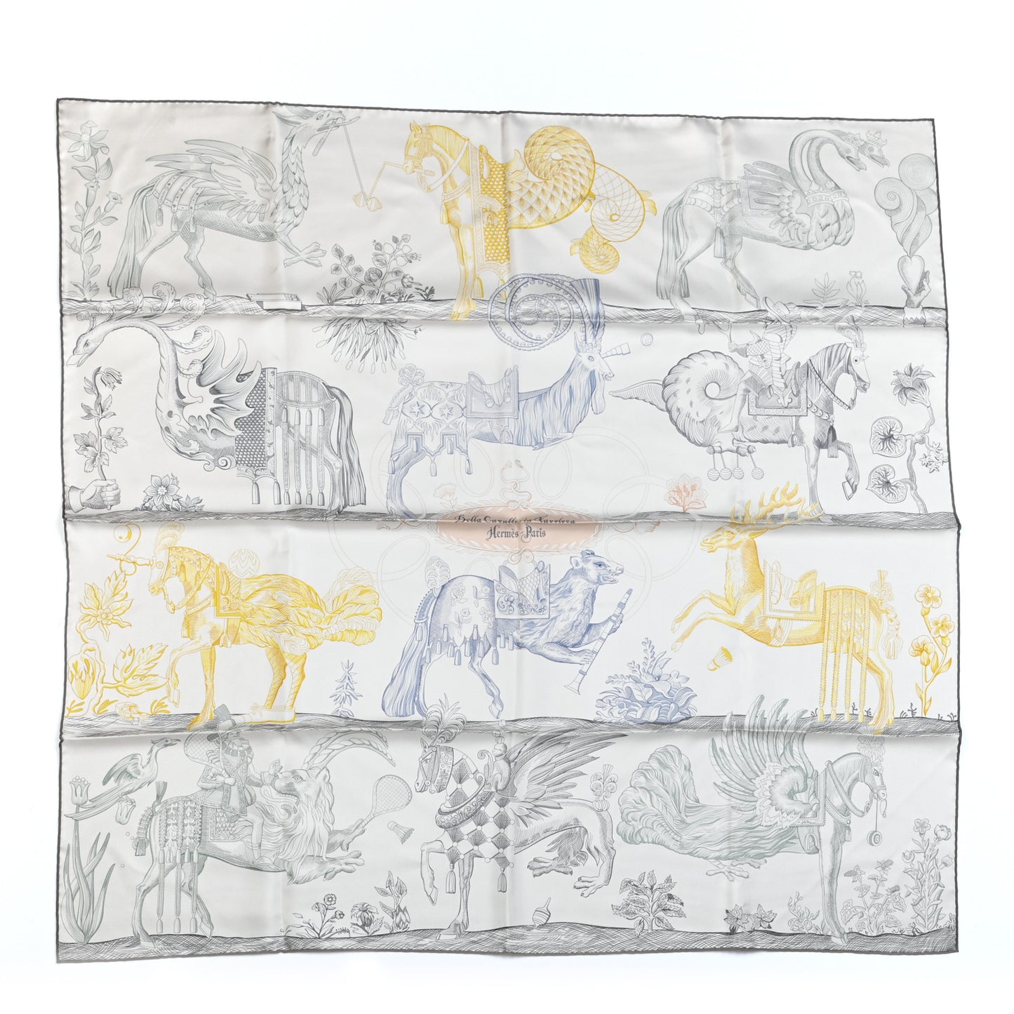 Silk Della Cavalleria Favolosa Reversible Scarf 90 Gris Argente Jaune Etoupe