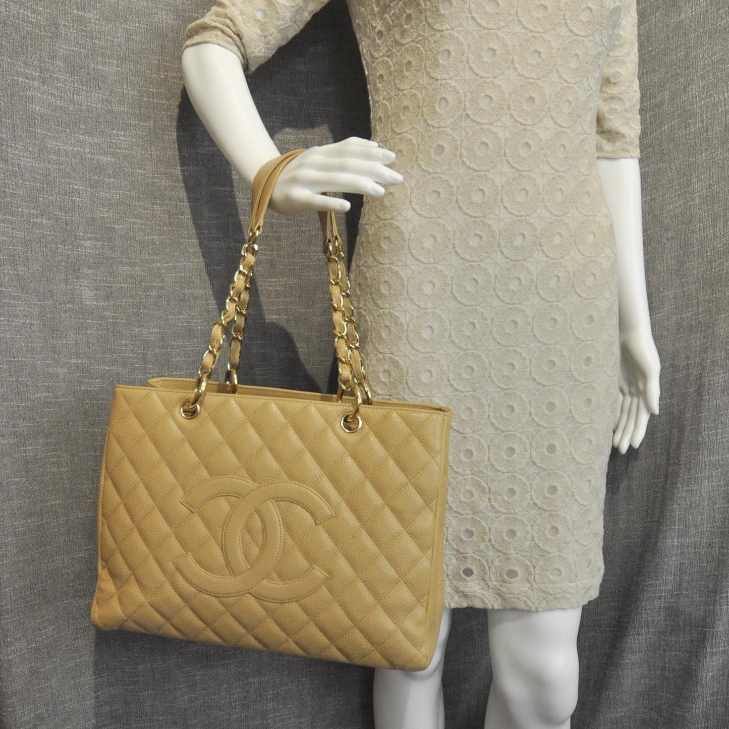 Caviar Quilted Grand Shopping Tote GST Beige