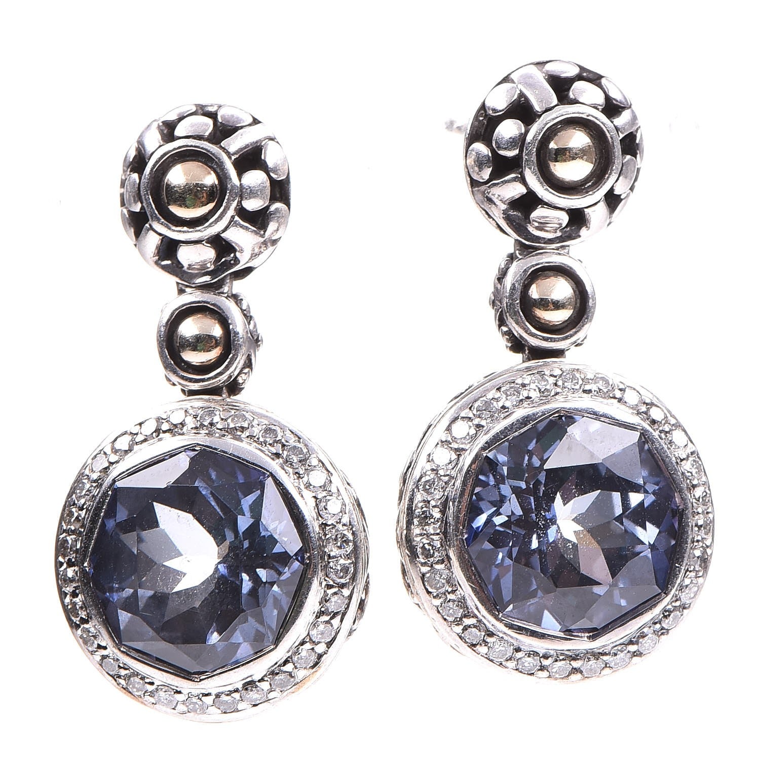 John Hardy Sterling Silver 18K Gold Iolite Diamond Drop Earrings 1 of 4