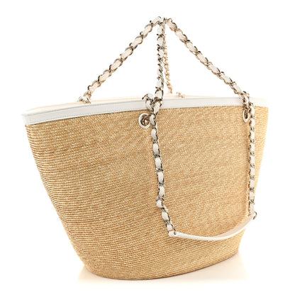 Chanel Raffia Braided Lambskin Large Wicker Tote Beige White 4 of 11
