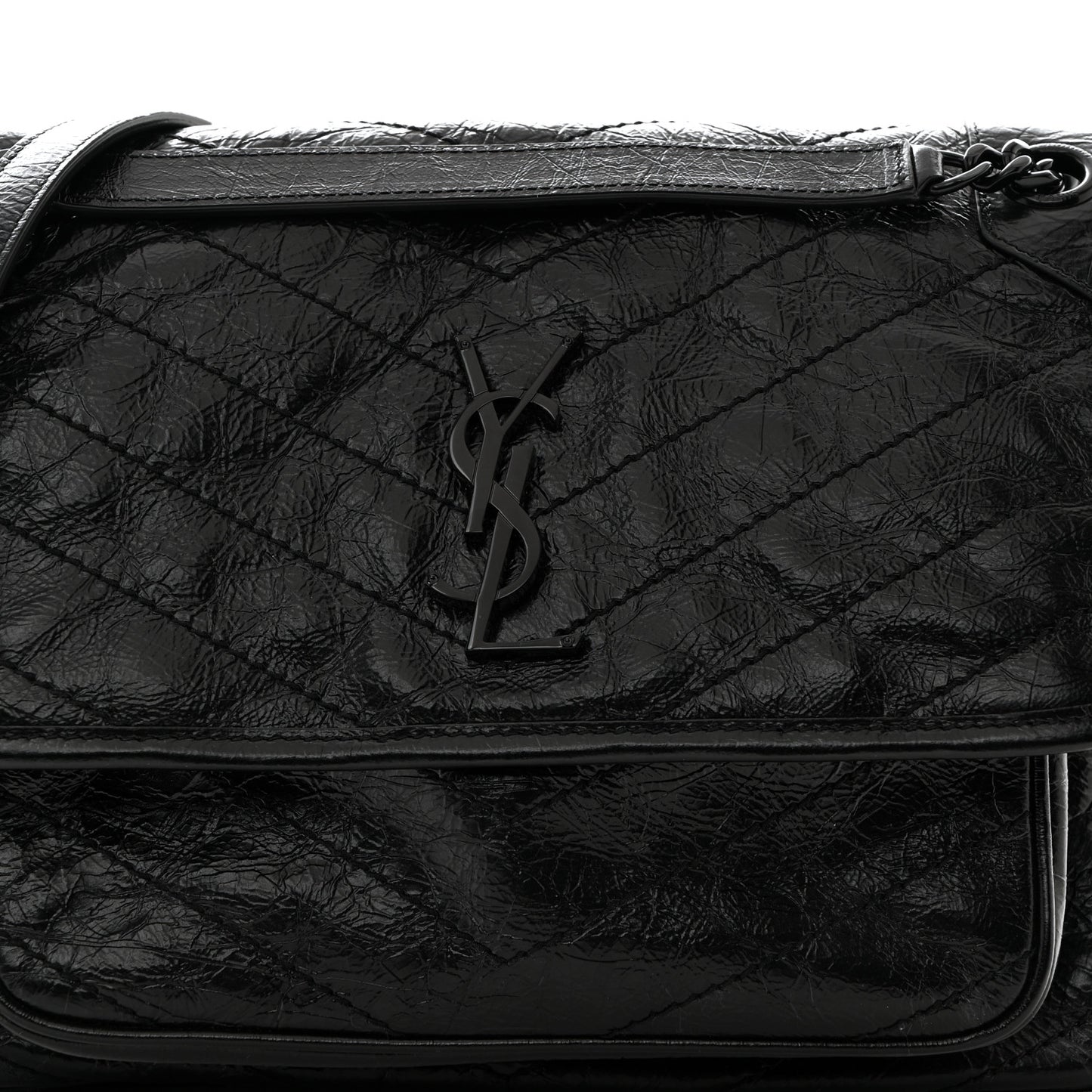 Crinkled Calfskin Matelasse Monogram Medium Niki Chain Satchel Black