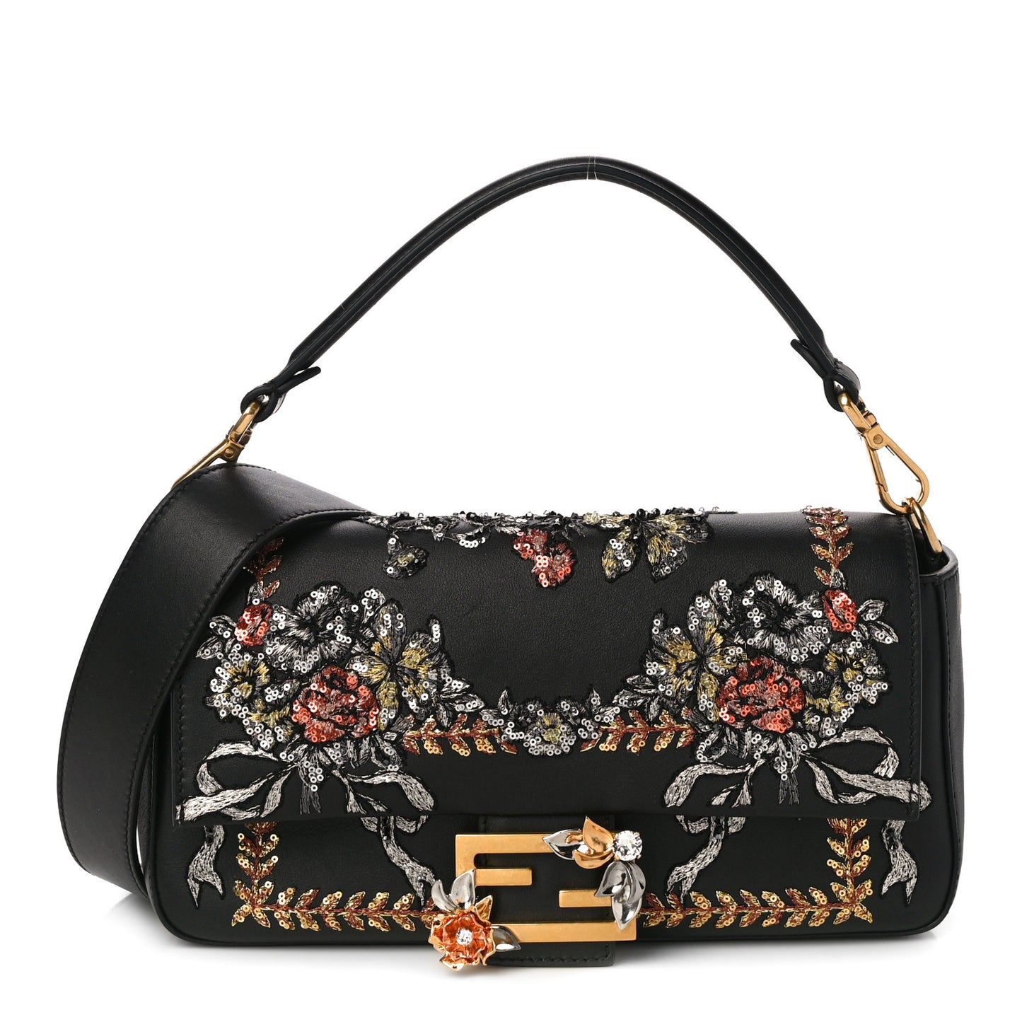 Calfskin Embroidered Baguette Black
