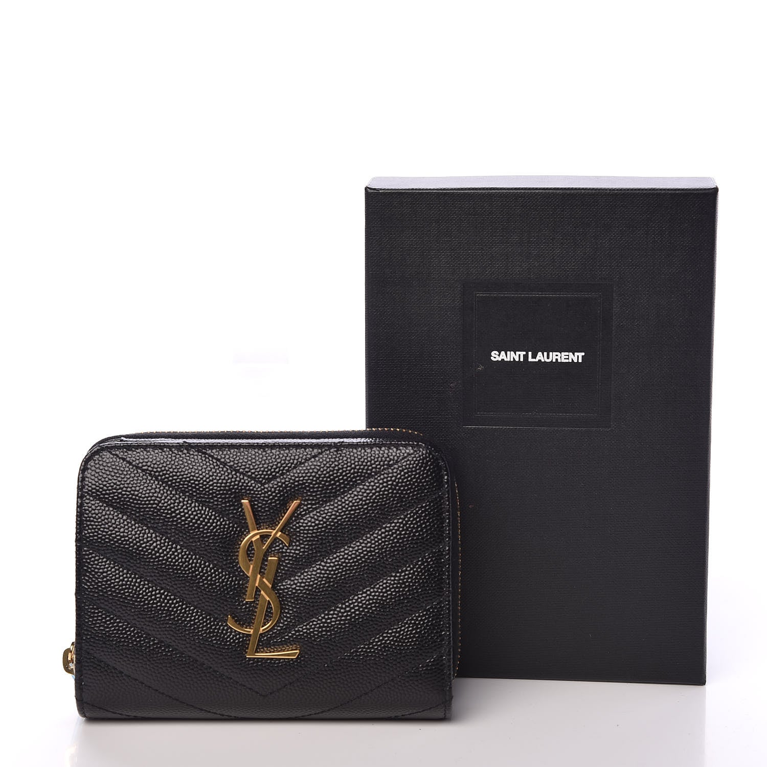 Saint Laurent Grain De Poudre Matelasse Chevron Monogram Compact Zip Around Wallet Black 8 of 8