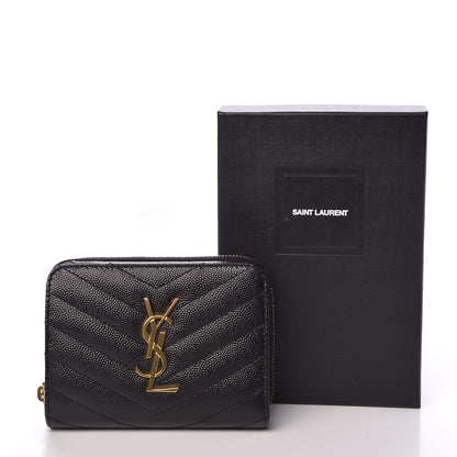 Saint Laurent Grain De Poudre Matelasse Chevron Monogram Compact Zip Around Wallet Black 8 of 8
