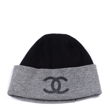 Chanel Cashmere Blend CC Beanie Hat Black Grey 1 of 3