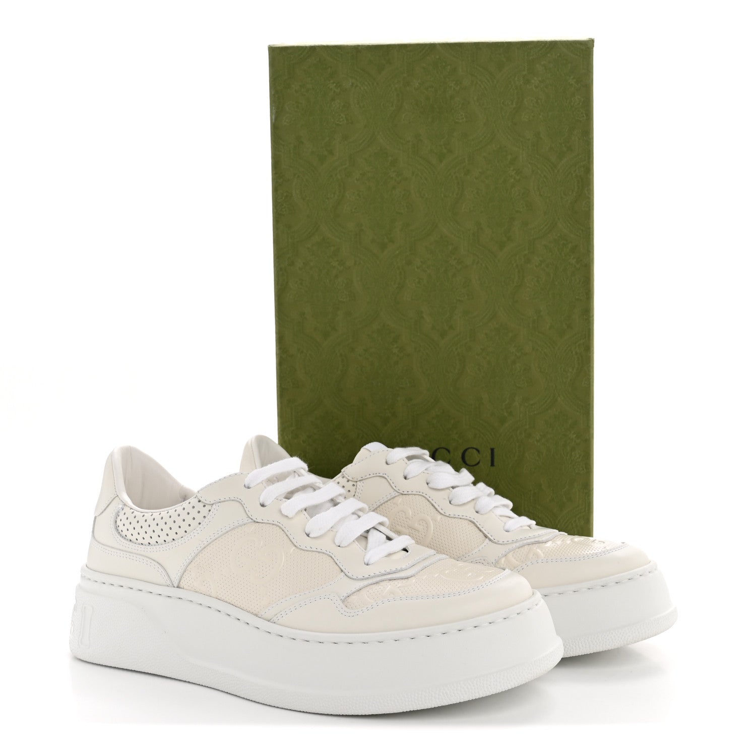Gucci GGパターン スニーカー ホワイト7 1/2 40 Gucci Calfskin GG Tennis Embossed Perforated Womens Platform 55mm
