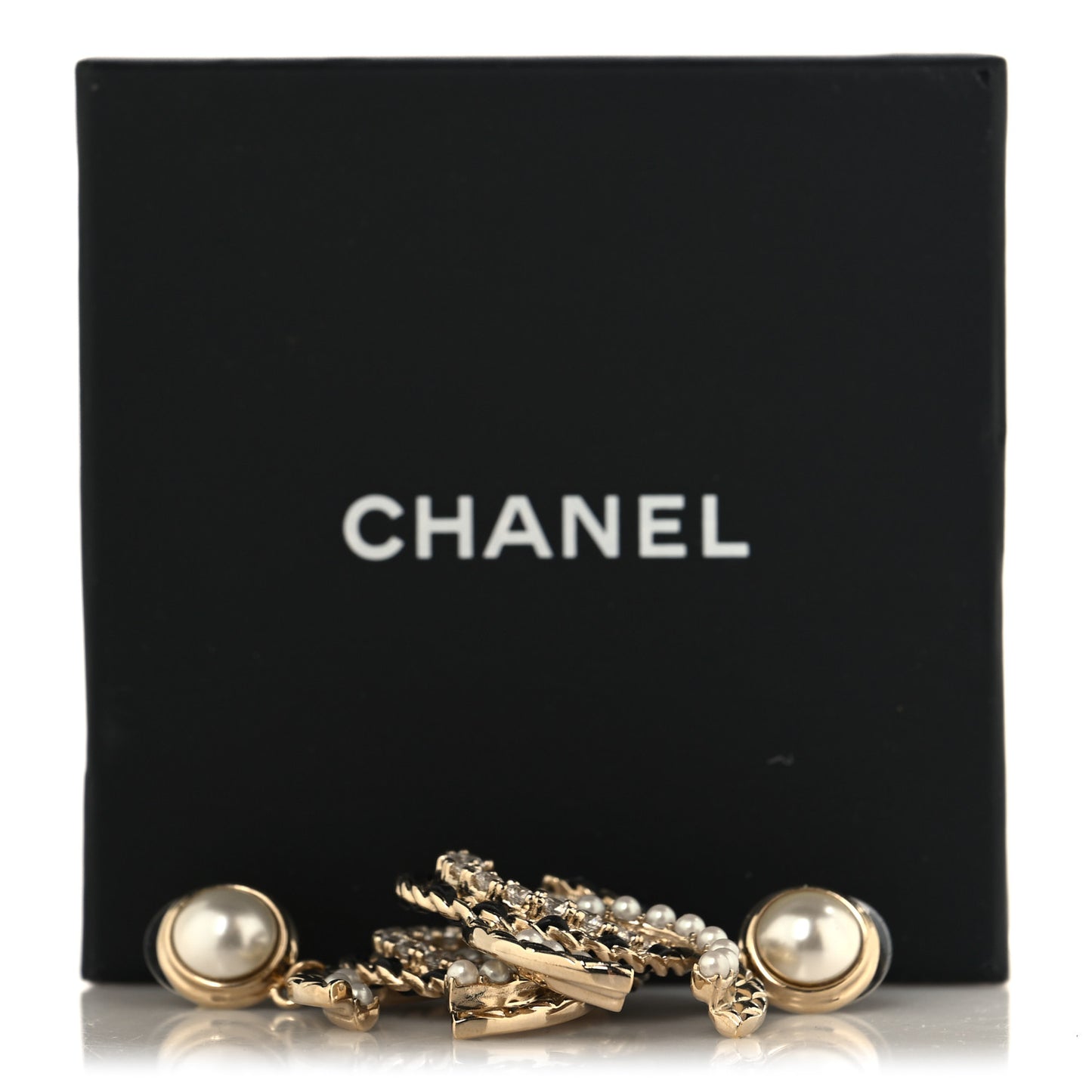 Pearl Lambskin Crystal Chain Textured CC Drop Earrings Black Gold