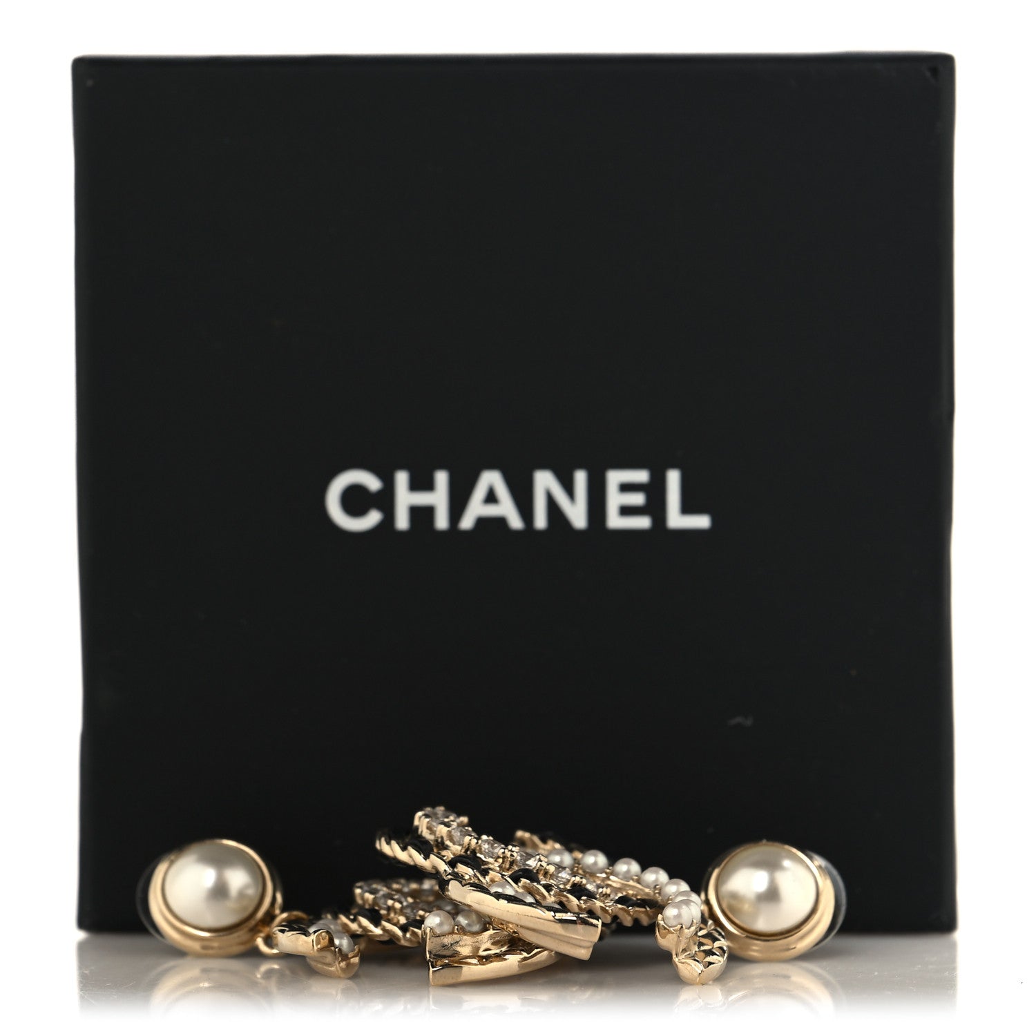 Chanel Pearl Lambskin Crystal Chain Textured CC Drop Earrings Black Gold 5 of 5