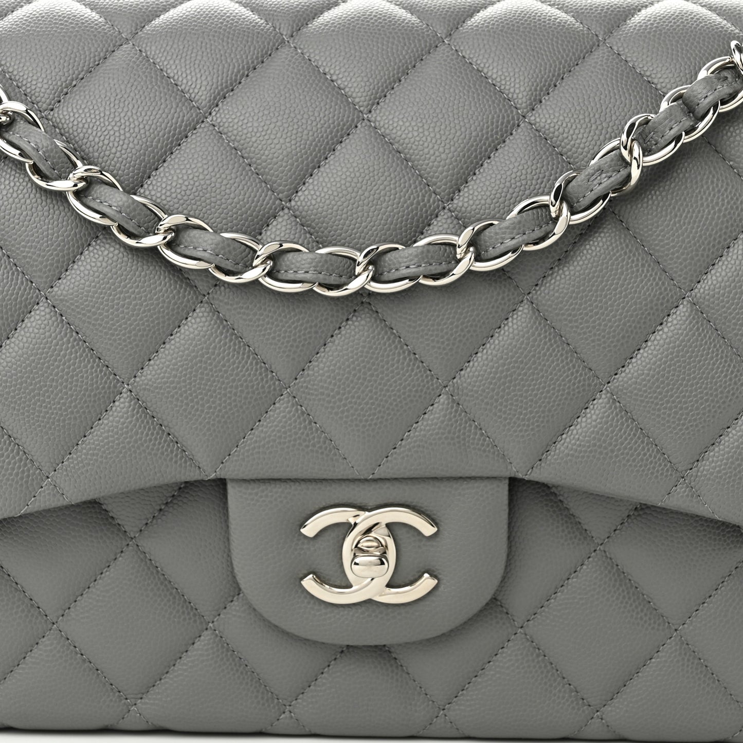 Caviar Quilted Jumbo Double Flap Grey