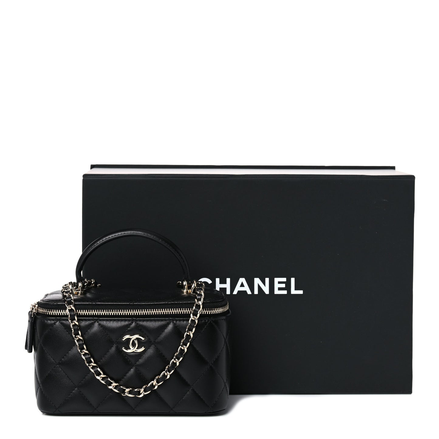 Lambskin Quilted Small Top Handle Vanity Case With Chain Black
