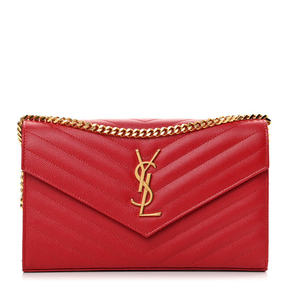 Saint Laurent Grain De Poudre Matelasse Chevron Monogram Chain Wallet New Red 1 of 10