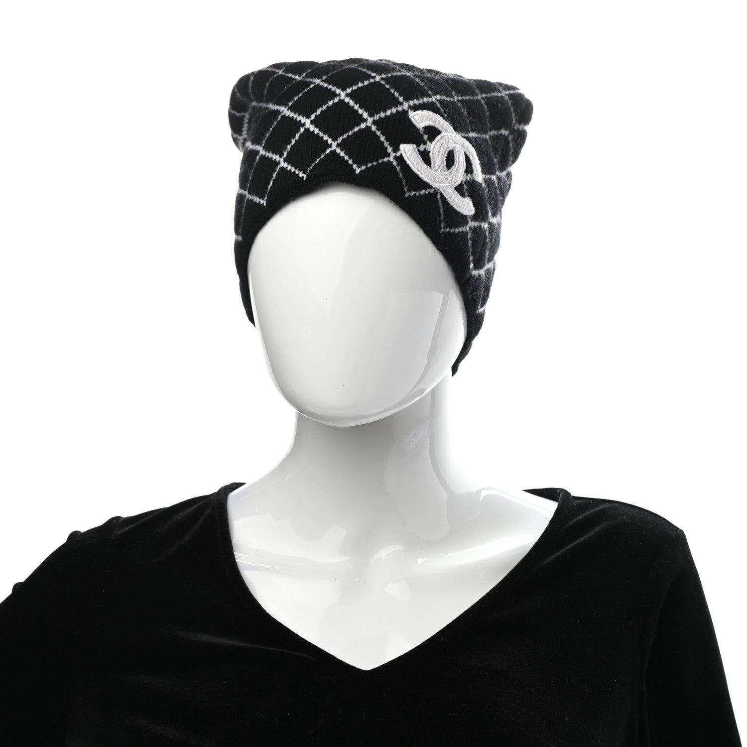 Chanel Cashmere CC Beanie Hat Black White 2 of 5