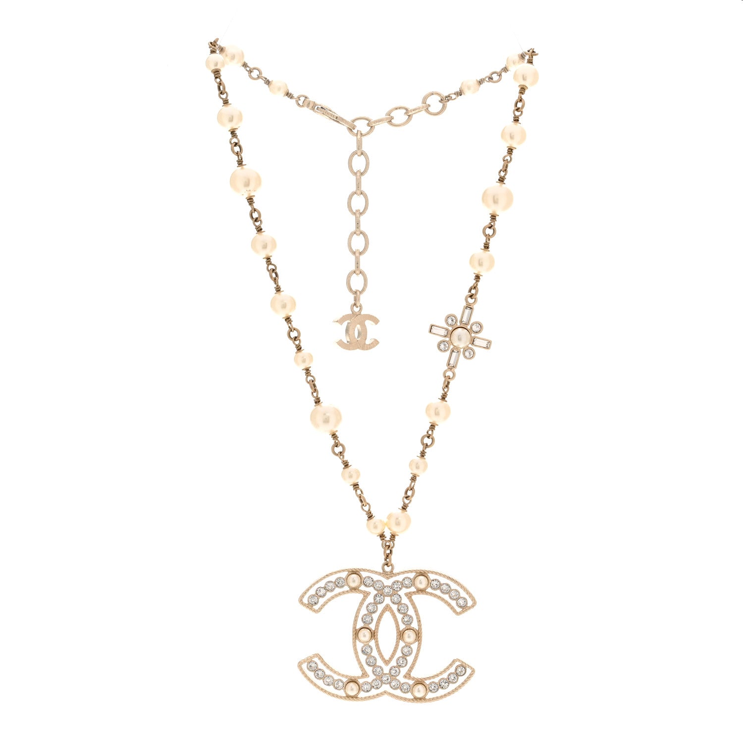 Chanel Pearl Crystal Chain CC Necklace Gold White 3 of 7
