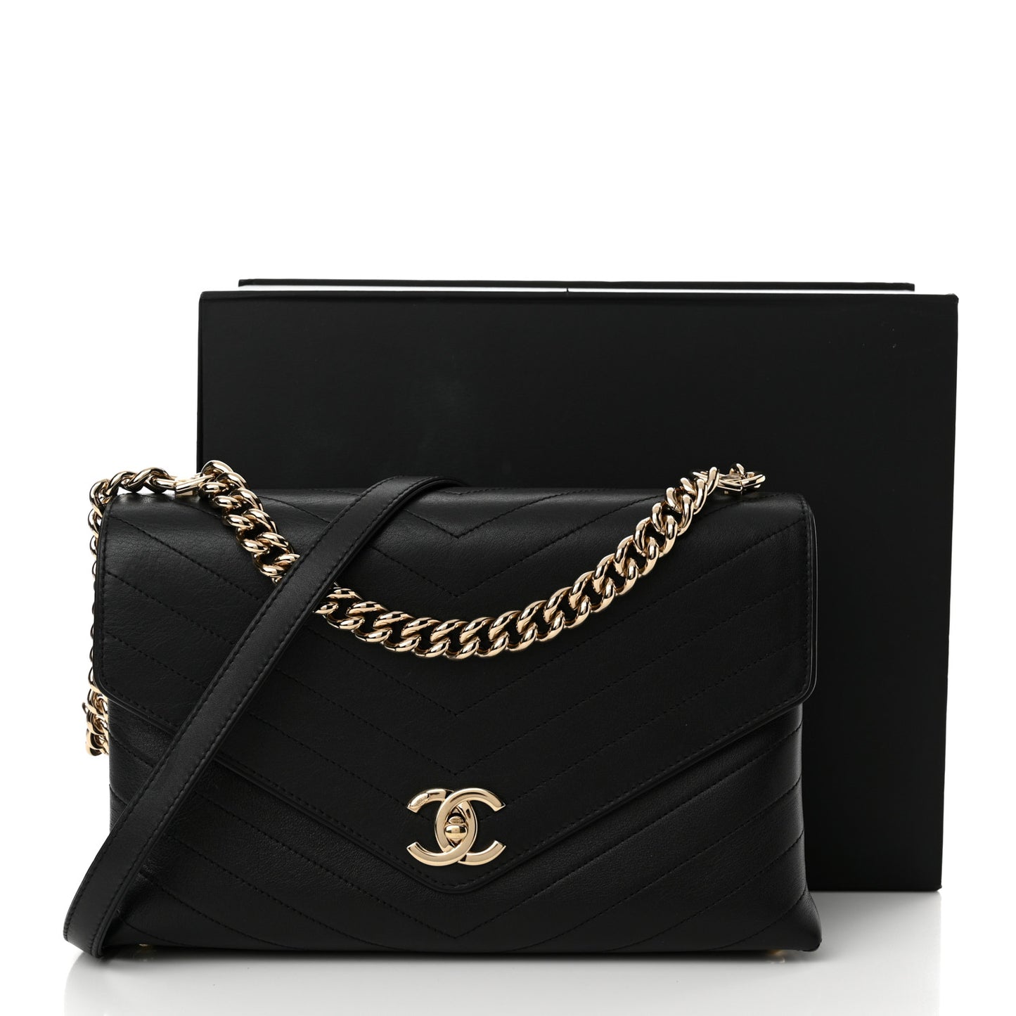 Calfskin Chevron Stitched Medium Coco Flap Bag Black