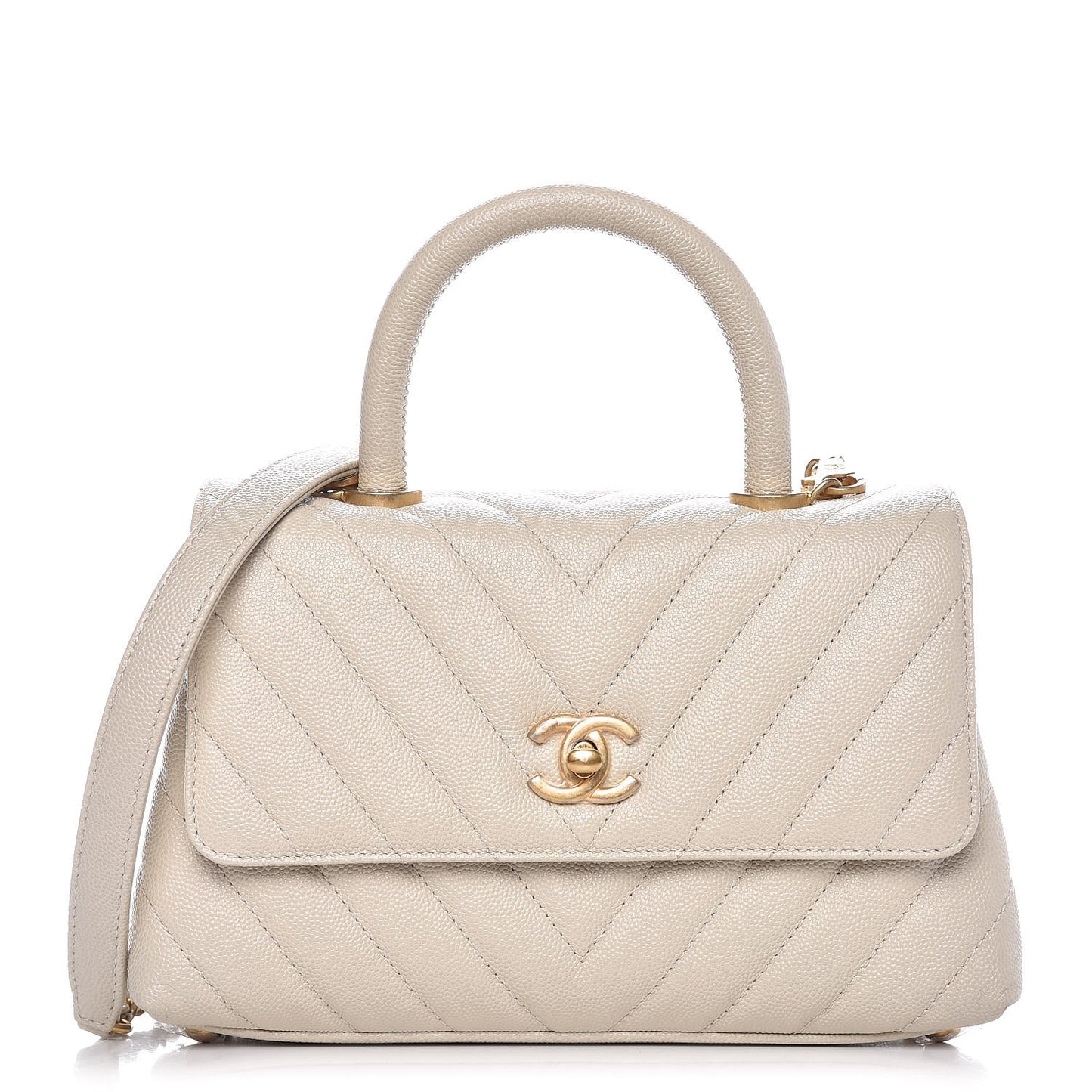 Caviar Chevron Quilted Mini Coco Handle Flap Light Beige