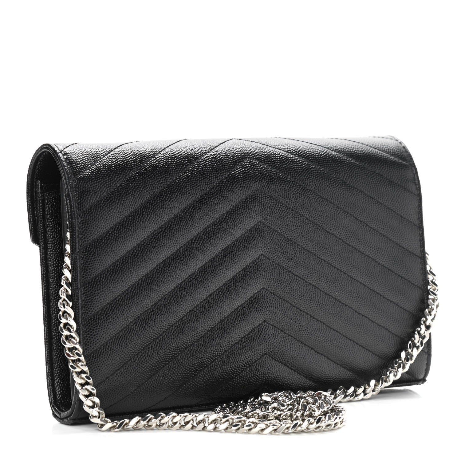Saint Laurent Grain De Poudre Matelasse Chevron Monogram Chain Wallet Black 3 of 9