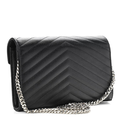 Saint Laurent Grain De Poudre Matelasse Chevron Monogram Chain Wallet Black 3 of 9