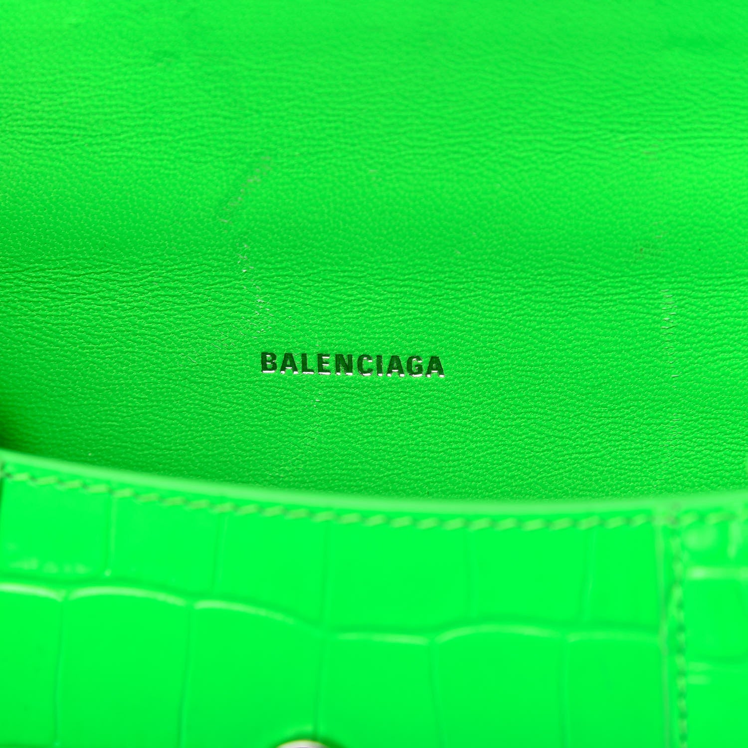Balenciaga Shiny Calfskin Crocodile Embossed Hourglass Top Handle Bag XS Fluo Green 8 of 11