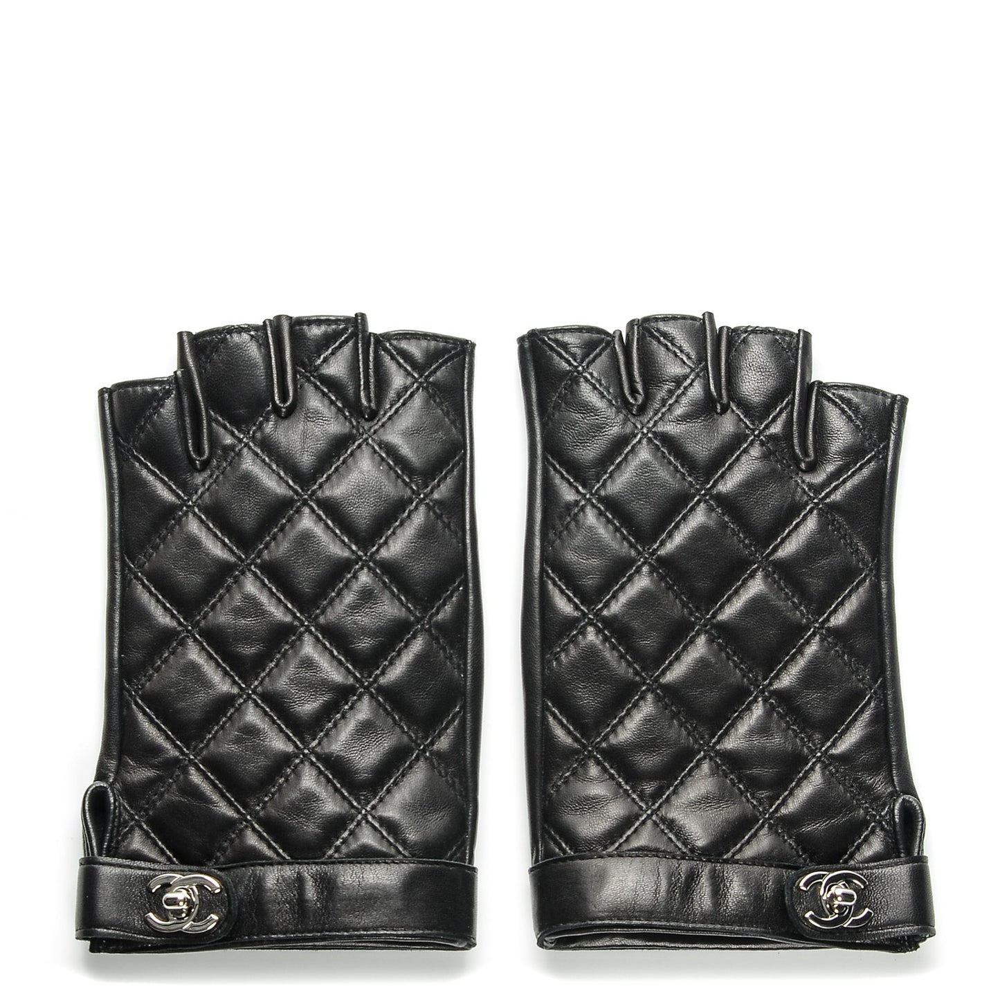 Lambskin Quilted Fingerless CC Turn Lock Gloves 8 Black