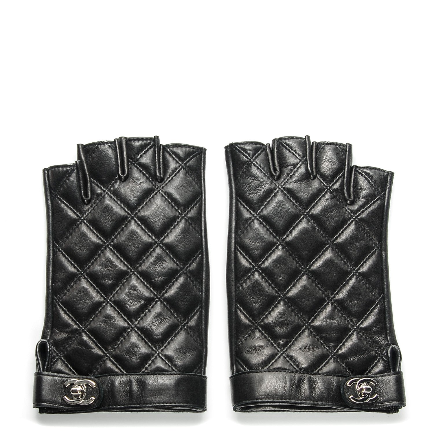 Chanel Lambskin Quilted Fingerless CC Turn Lock Gloves 8 Black 1 of 4