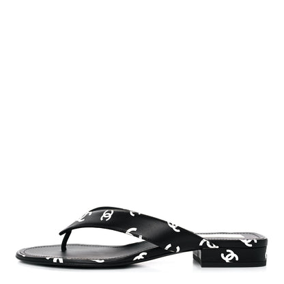 Chanel Lambskin Printed CC Thong Sandals 39 Black White 1 of 9
