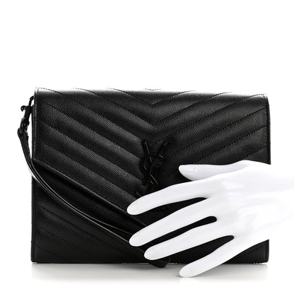 Saint Laurent Grain De Poudre Matelasse Chevron Monogram Monochrome Envelope Clutch Black 2 of 7