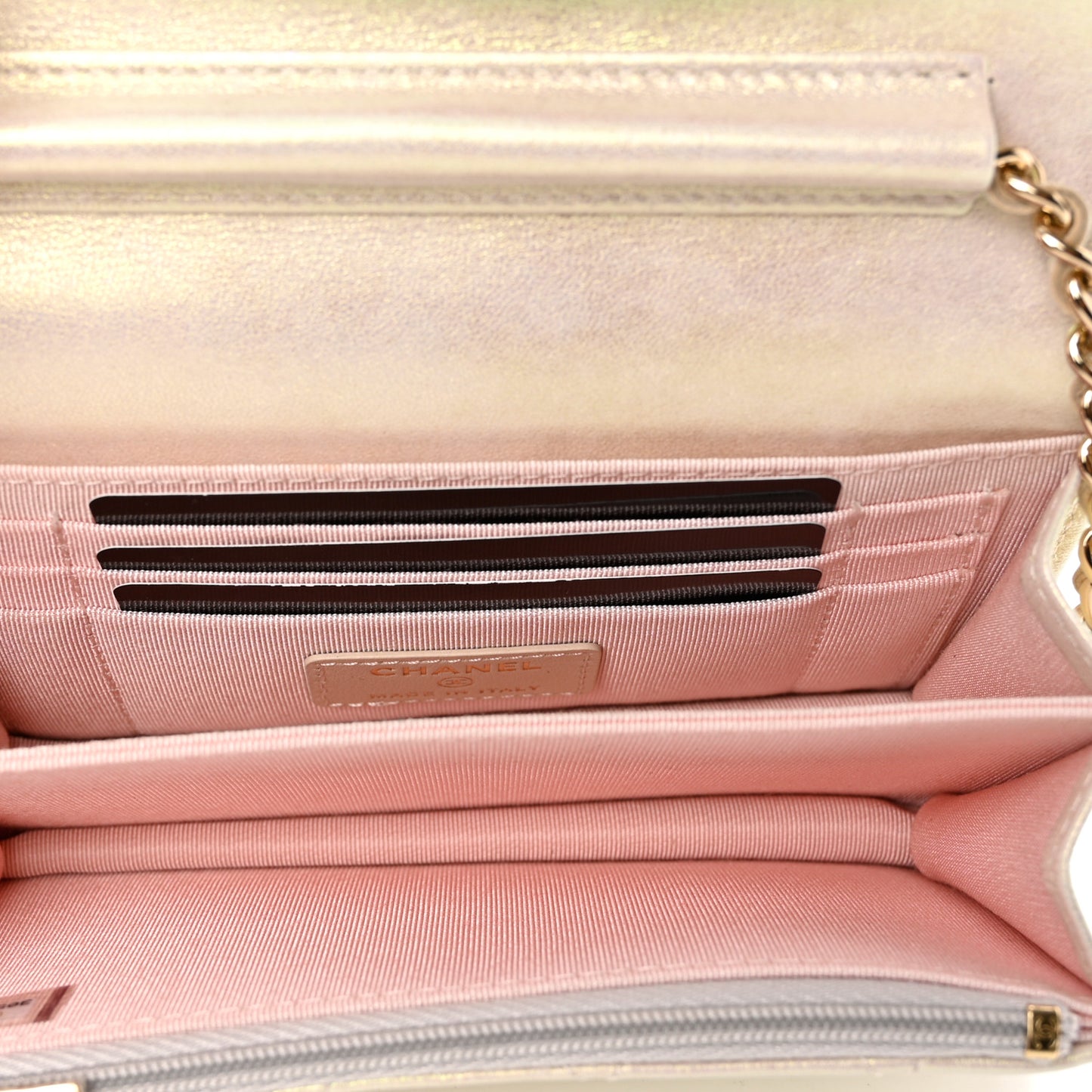 Iridescent Lambskin Quilted Mini Wallet On Chain WOC Ivory