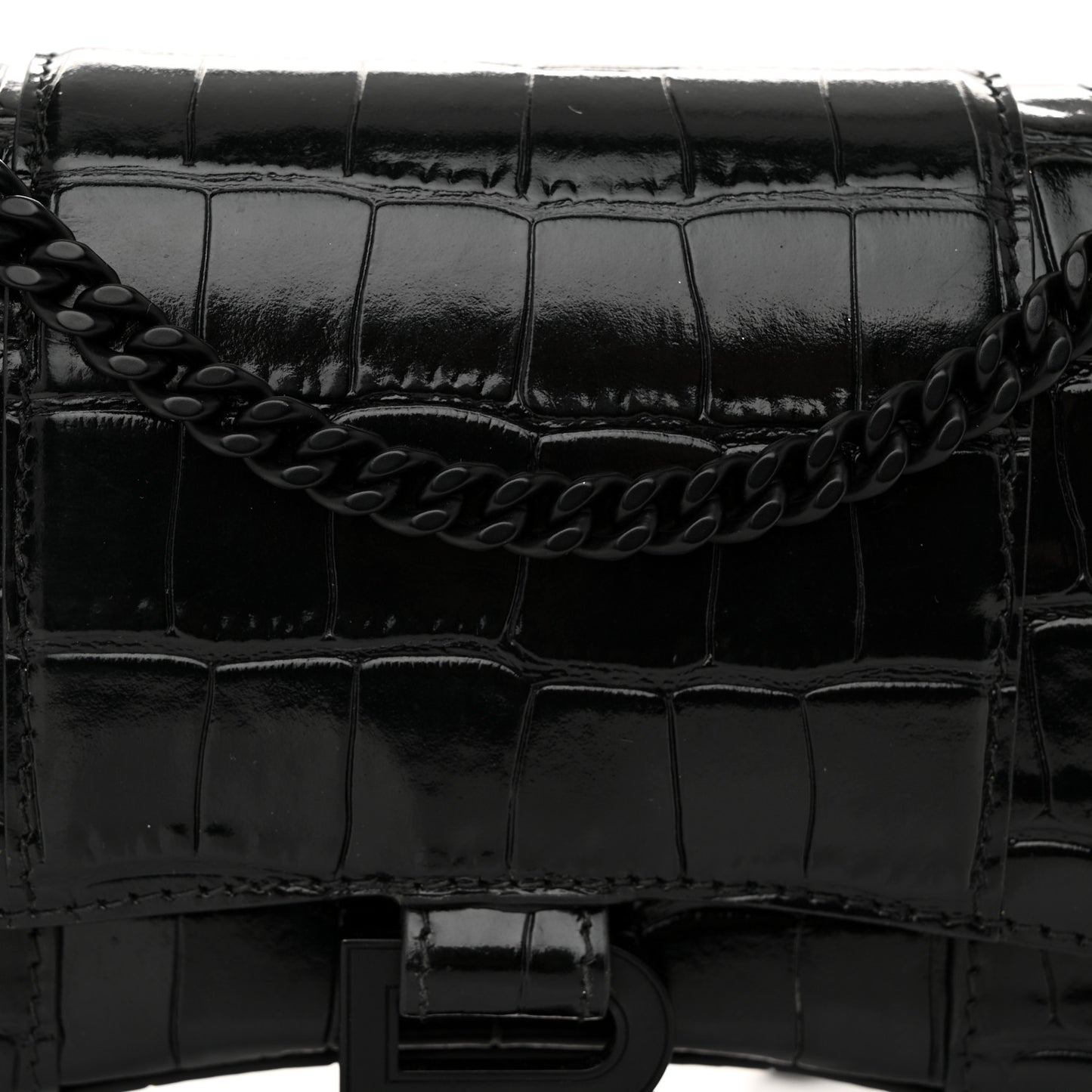 Shiny Calfskin Monochrome Crocodile Embossed Hourglass Chain Bag Black