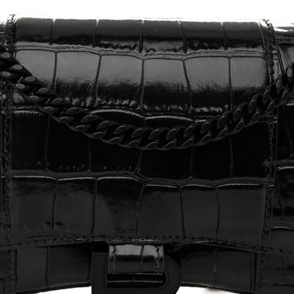 Balenciaga Shiny Calfskin Monochrome Crocodile Embossed Hourglass Chain Bag Black 7 of 9