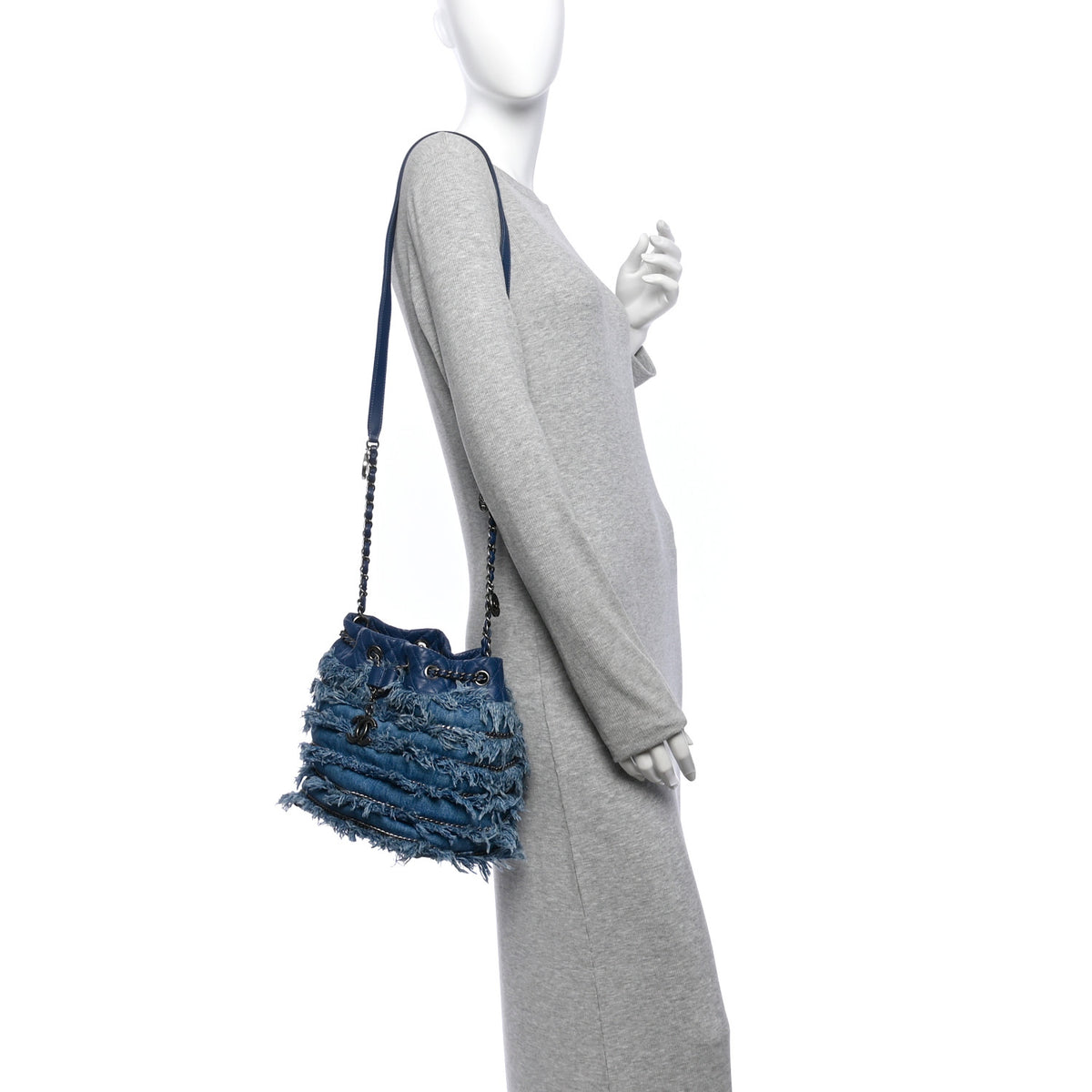 Chanel Calfskin Denim Fringe Chains CC Drawstring Bucket Bag Blue 2 of 10