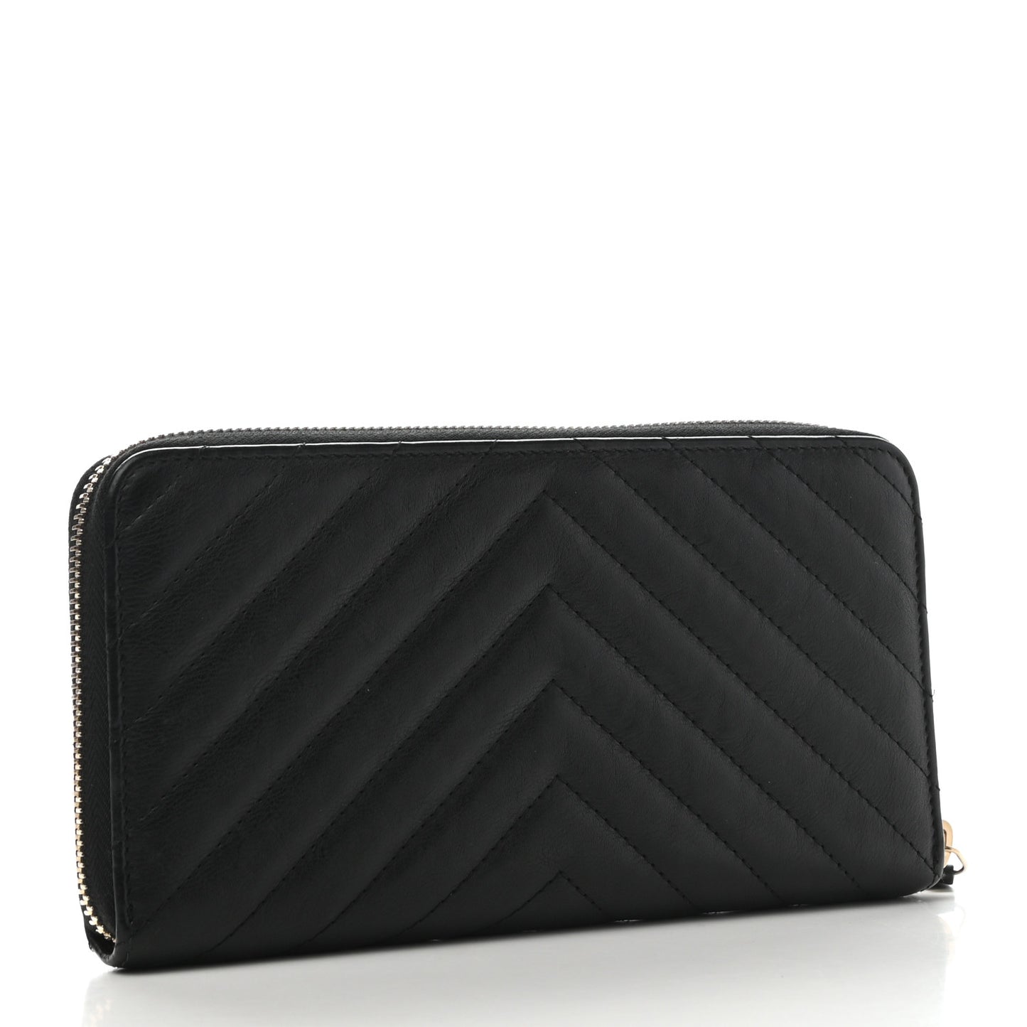 Calfskin Chevron Quilted Zip Around Wallet Black