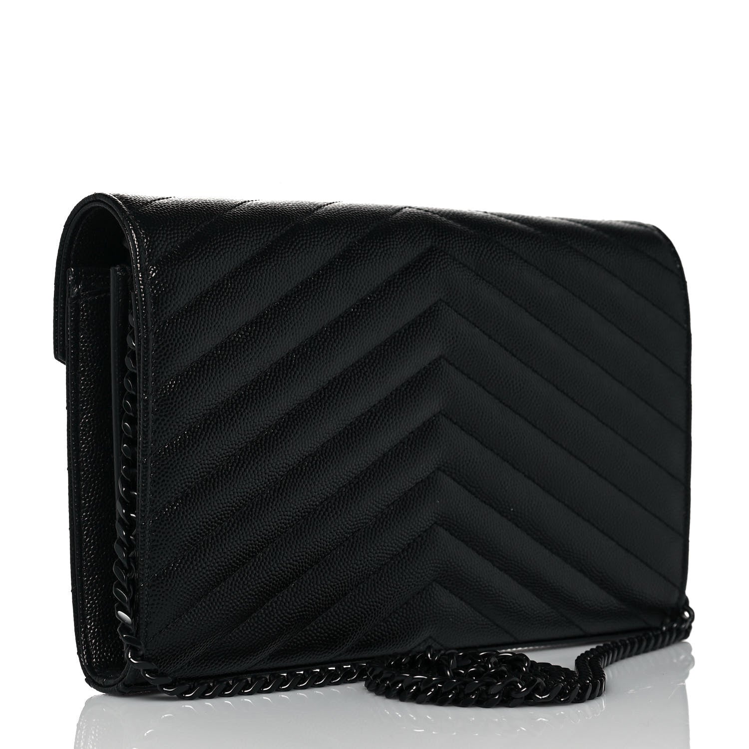 Saint Laurent Grain De Poudre Matelasse Chevron Monogram Chain Wallet Black 3 of 12