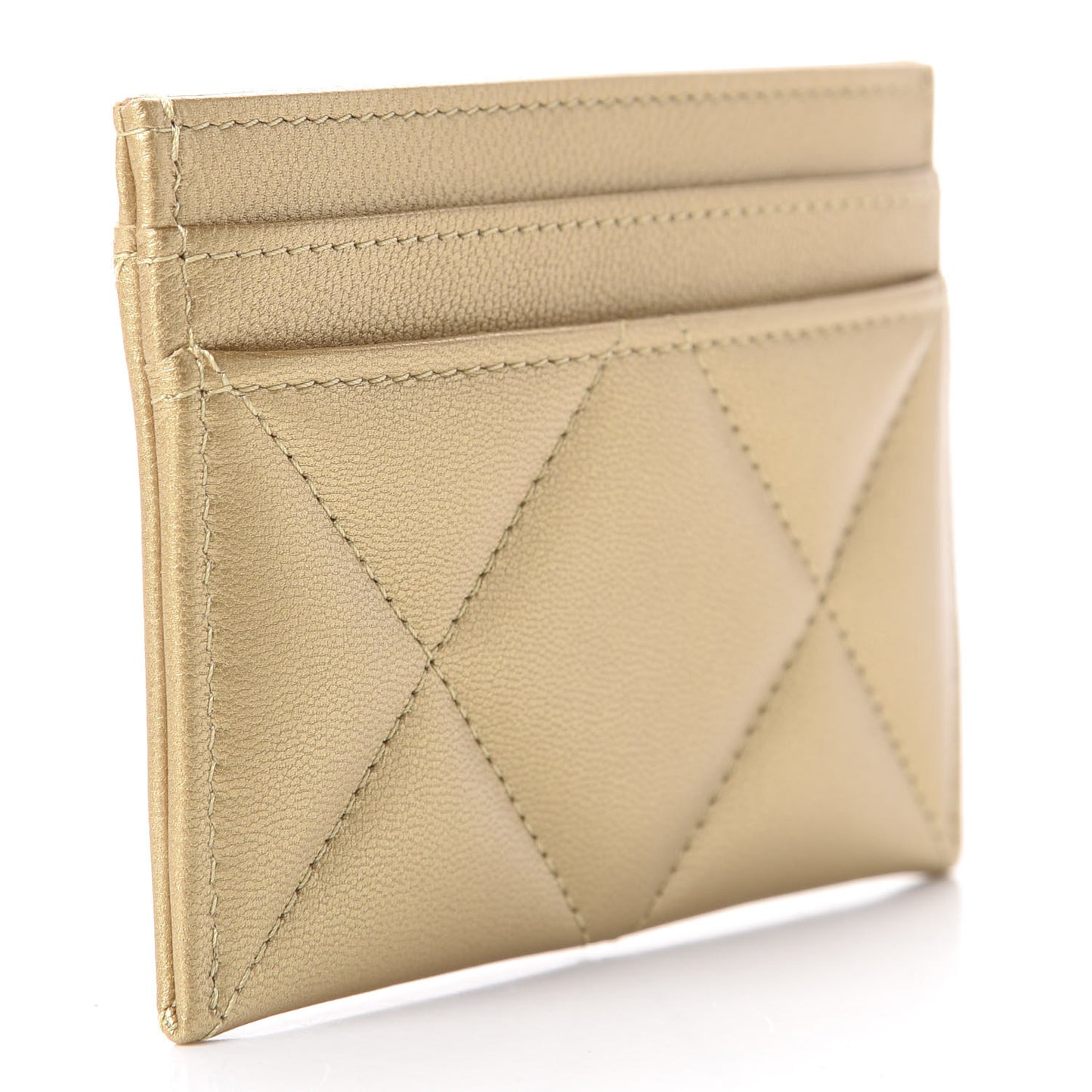 Metallic Goatskin Quilted Chanel 19 Card Holder Gold