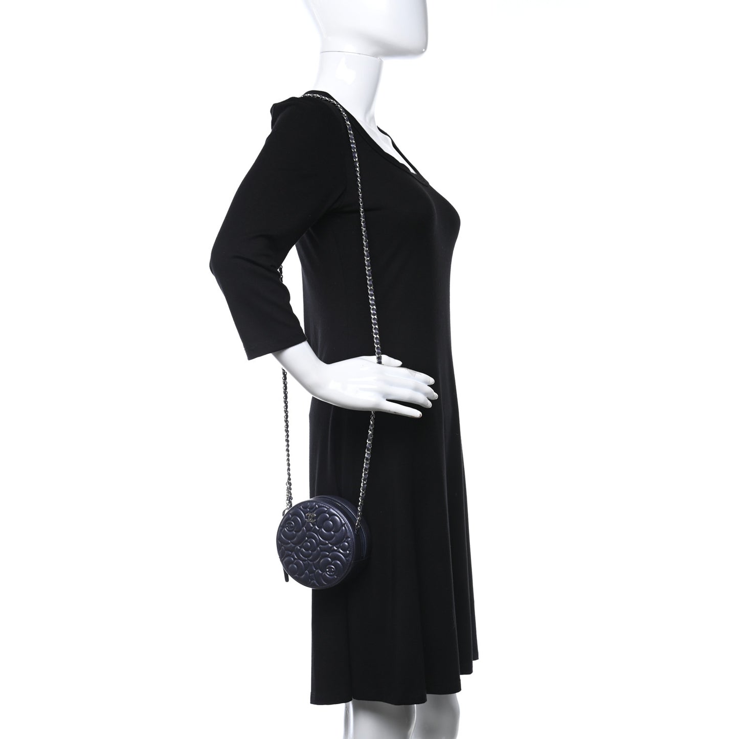 Goatskin Camellia Embossed Round Clutch With Chain Dark Blue