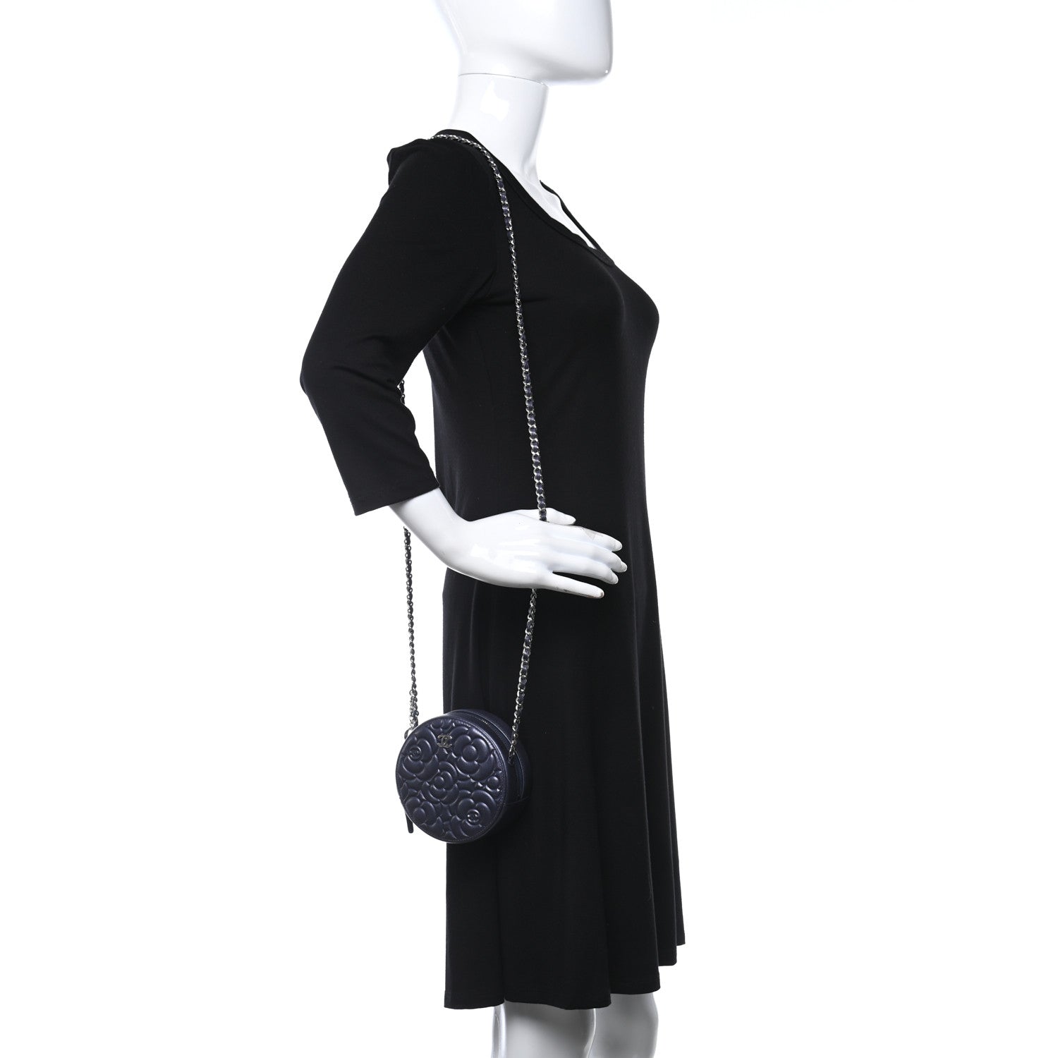 Chanel Goatskin Camellia Embossed Round Clutch With Chain Dark Blue 2 of 9