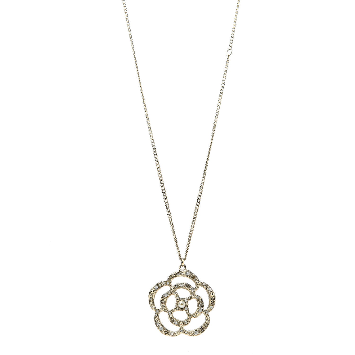 Chanel Crystal Pearl Camellia Necklace Gold 1 of 6