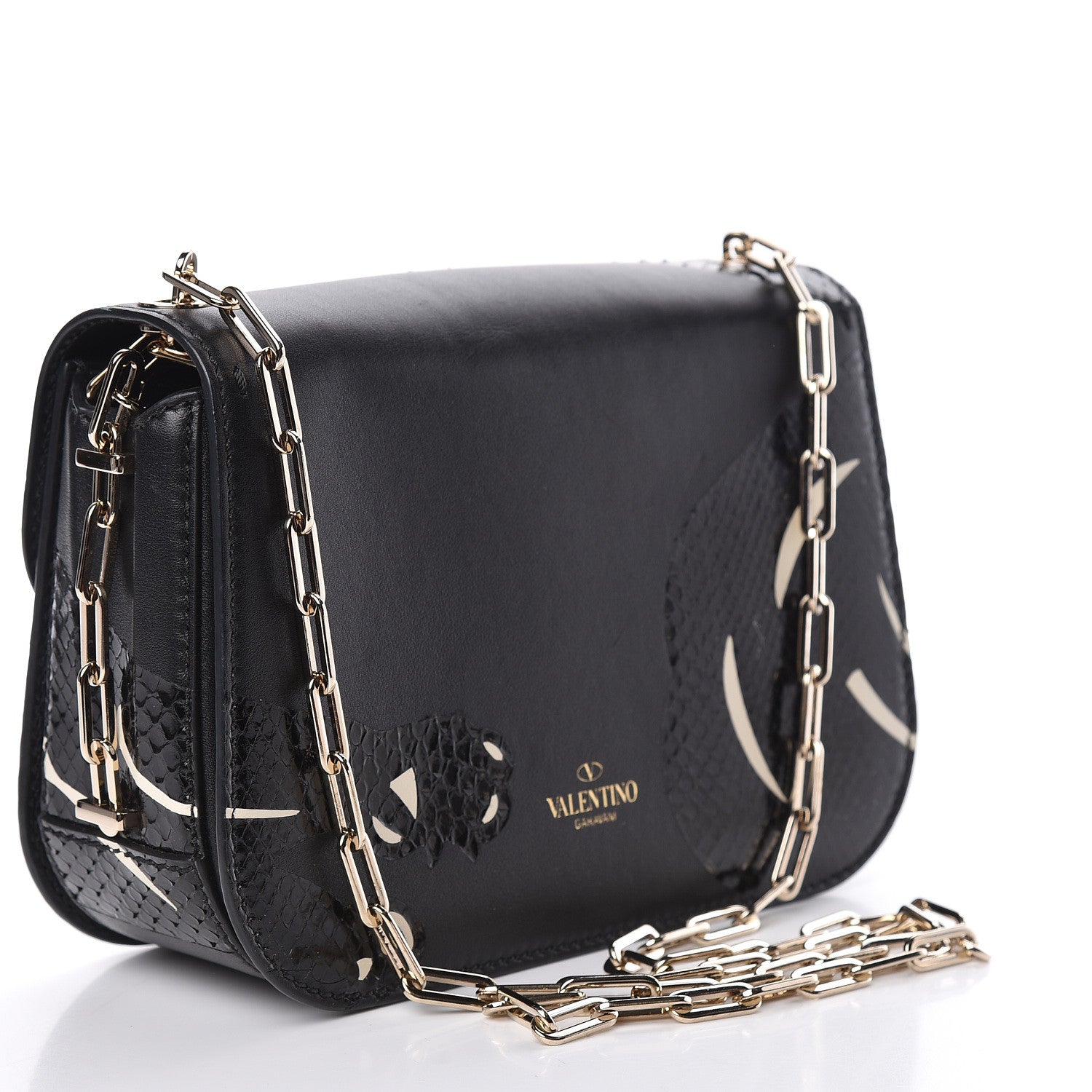Valentino Garavani Calfskin Snakeskin Panther Chain Flap Bag Black 3 of 9