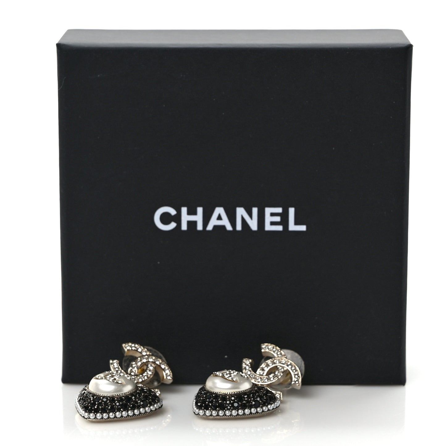 Pearl Crystal CC Heart Drop Earrings Gold Black White