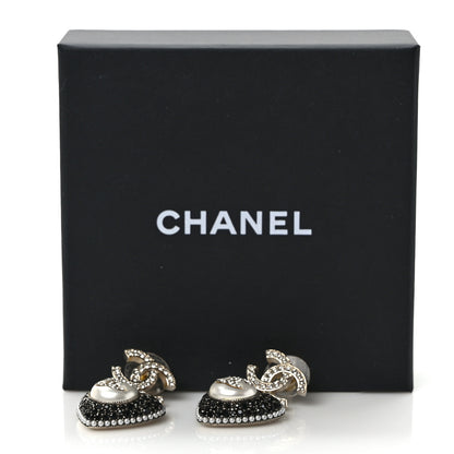 Chanel Pearl Crystal CC Heart Drop Earrings Gold Black White 5 of 5