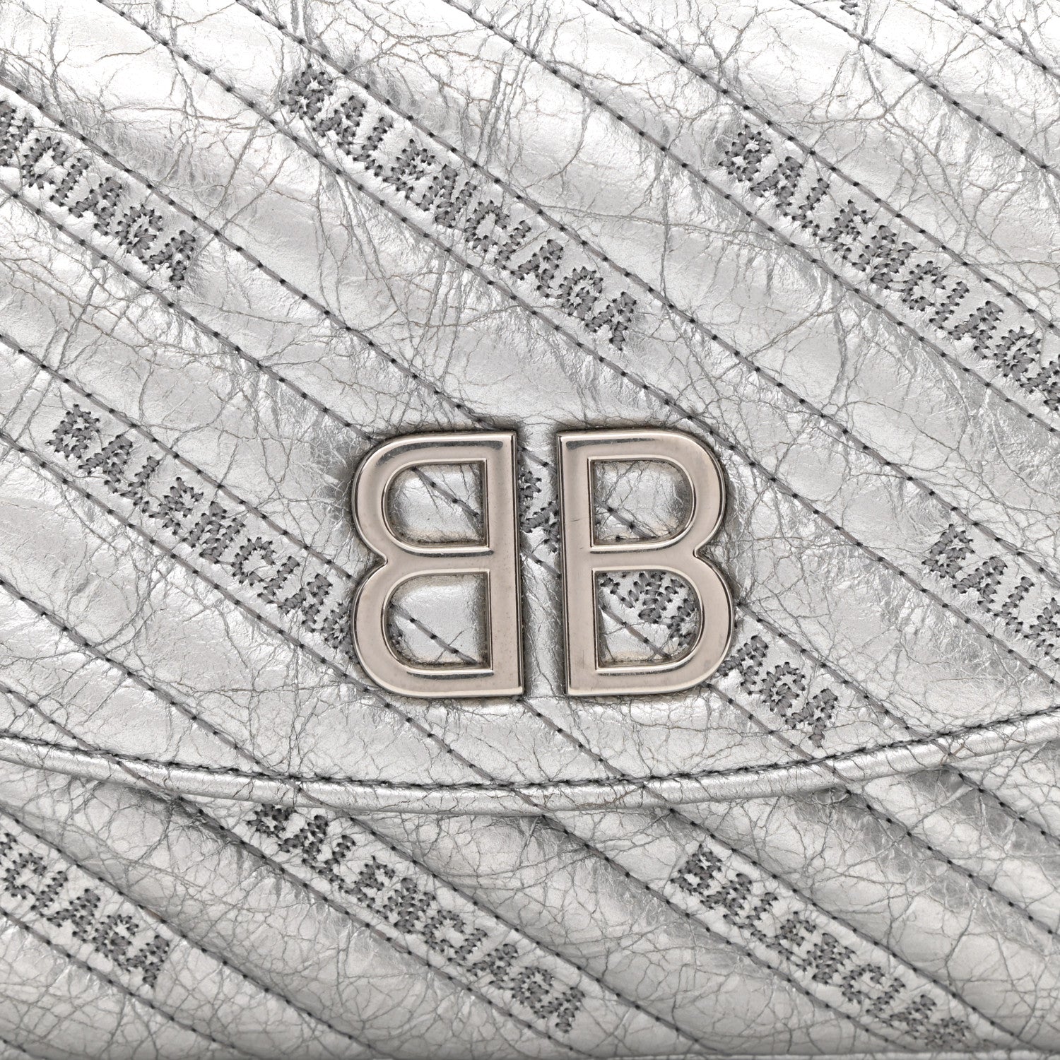 Balenciaga Metallic Arena Calfskin Logo Matelasse BB Chain Wallet Argent 12 of 13