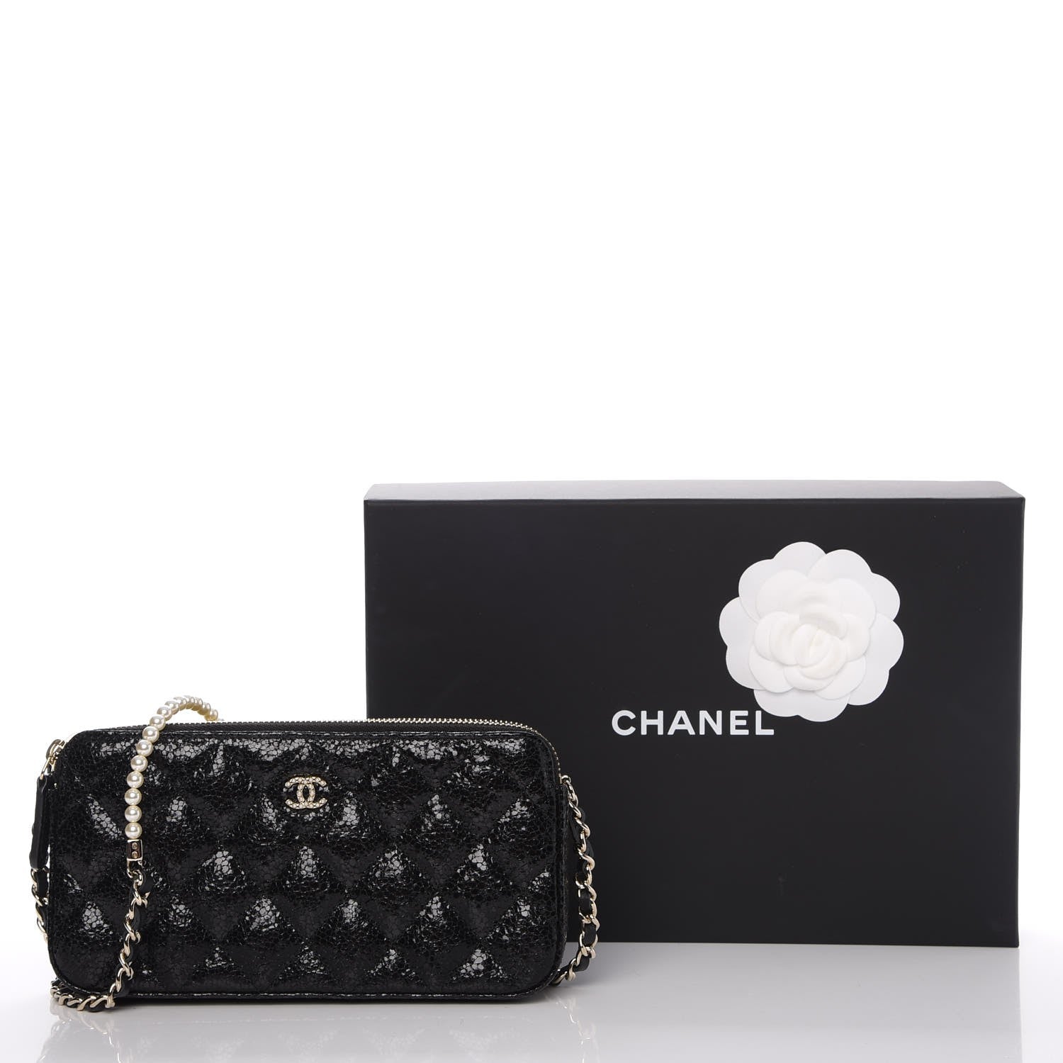 Chanel Crackled Patent Calfskin Quilted Small Clutch With Pearl Chain Black 11 of 11