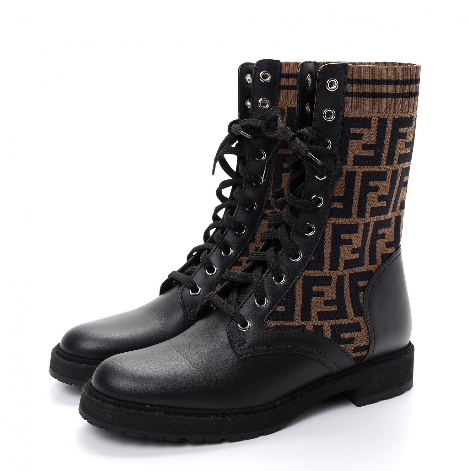 Fendi Calfskin Stretch Fabric FF Rockoko Biker Boots 39 Black Tobacco 3 of 8