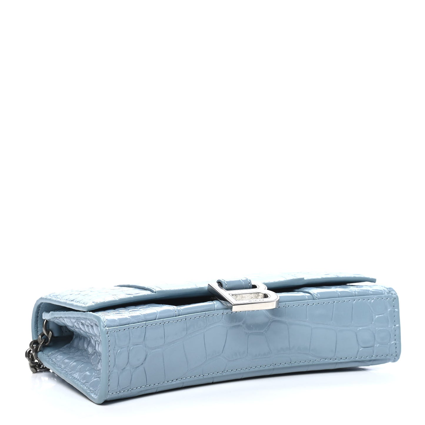 Shiny Calfskin Crocodile Embossed Hourglass Chain Bag Blue Grey