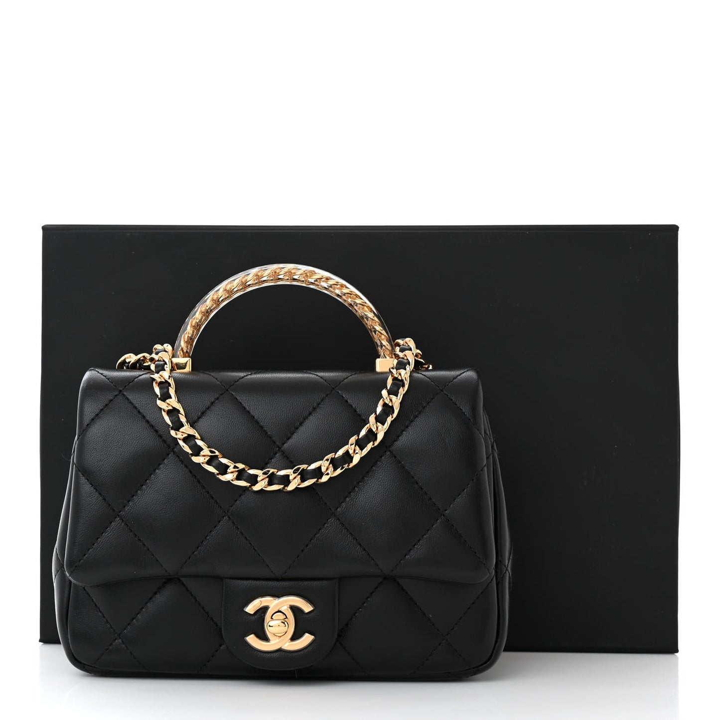 Lambskin Resin Quilted Top Handle Flap Black