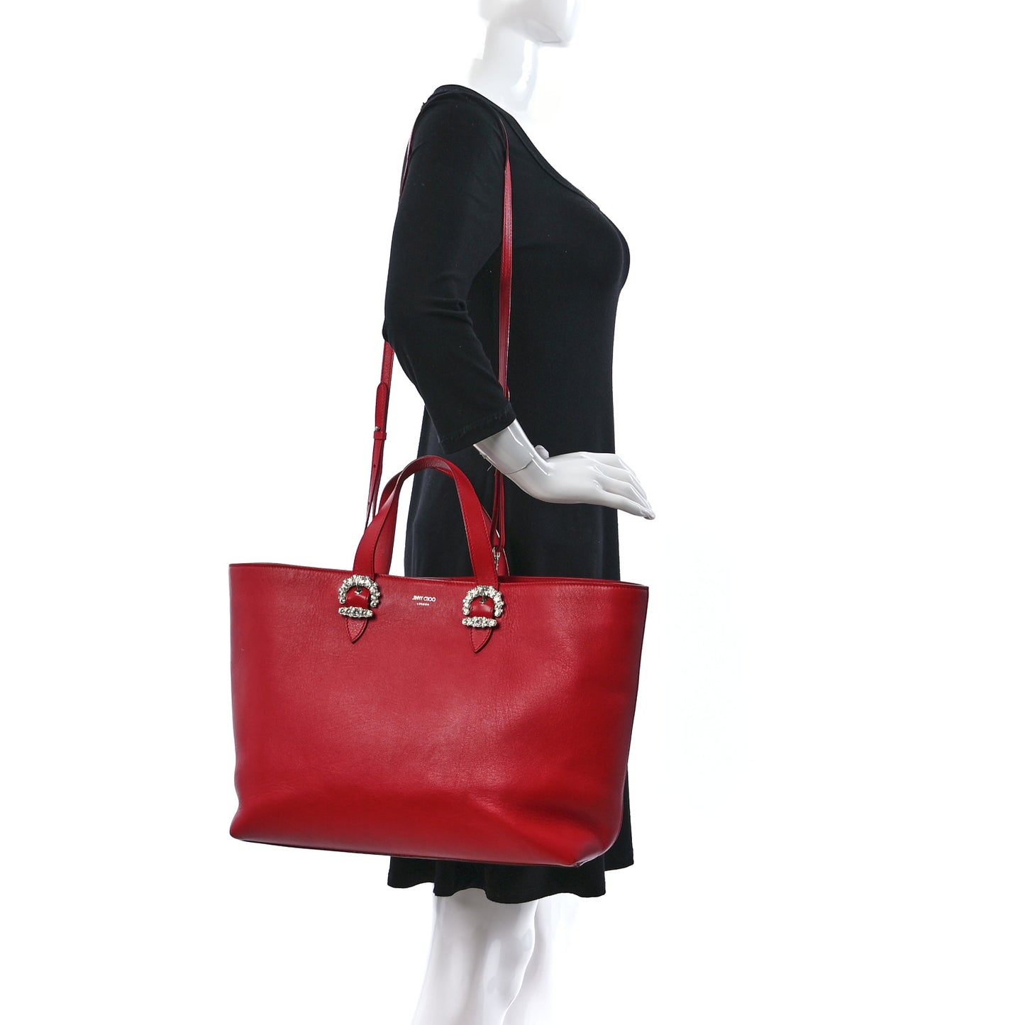 Calfskin Crystal Buckle Shopping Tote Red