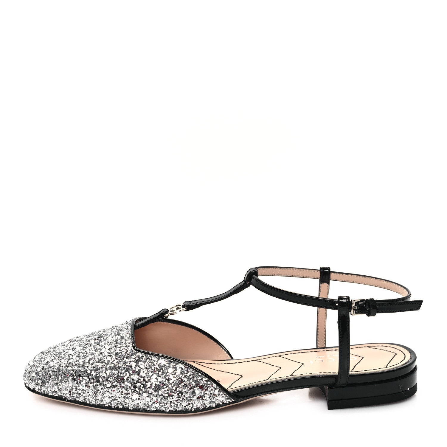 Gucci Calfskin Glitter Double G Slingback Flats 36 Silver Black 1 of 8
